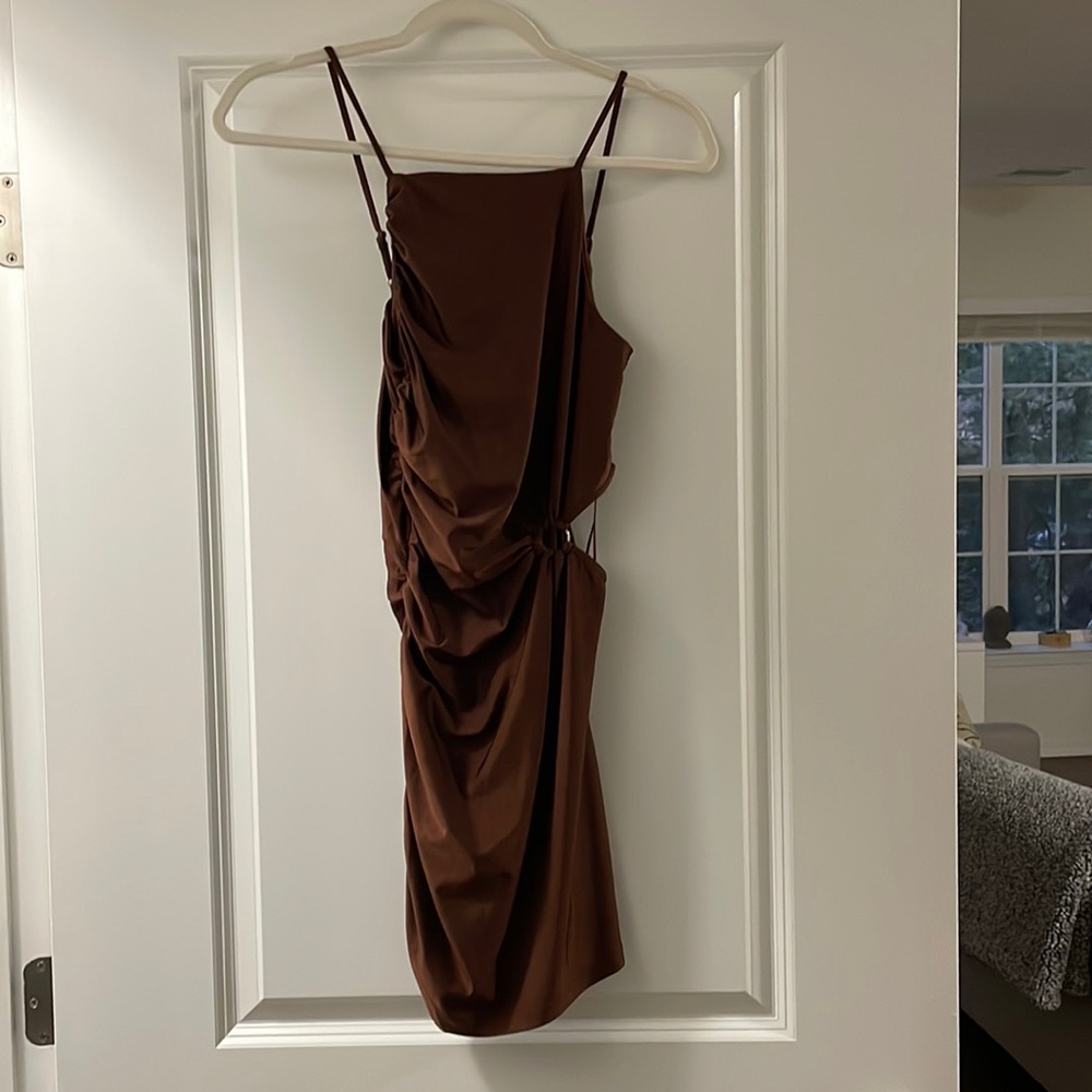 Brown cut out dress with gold hoop